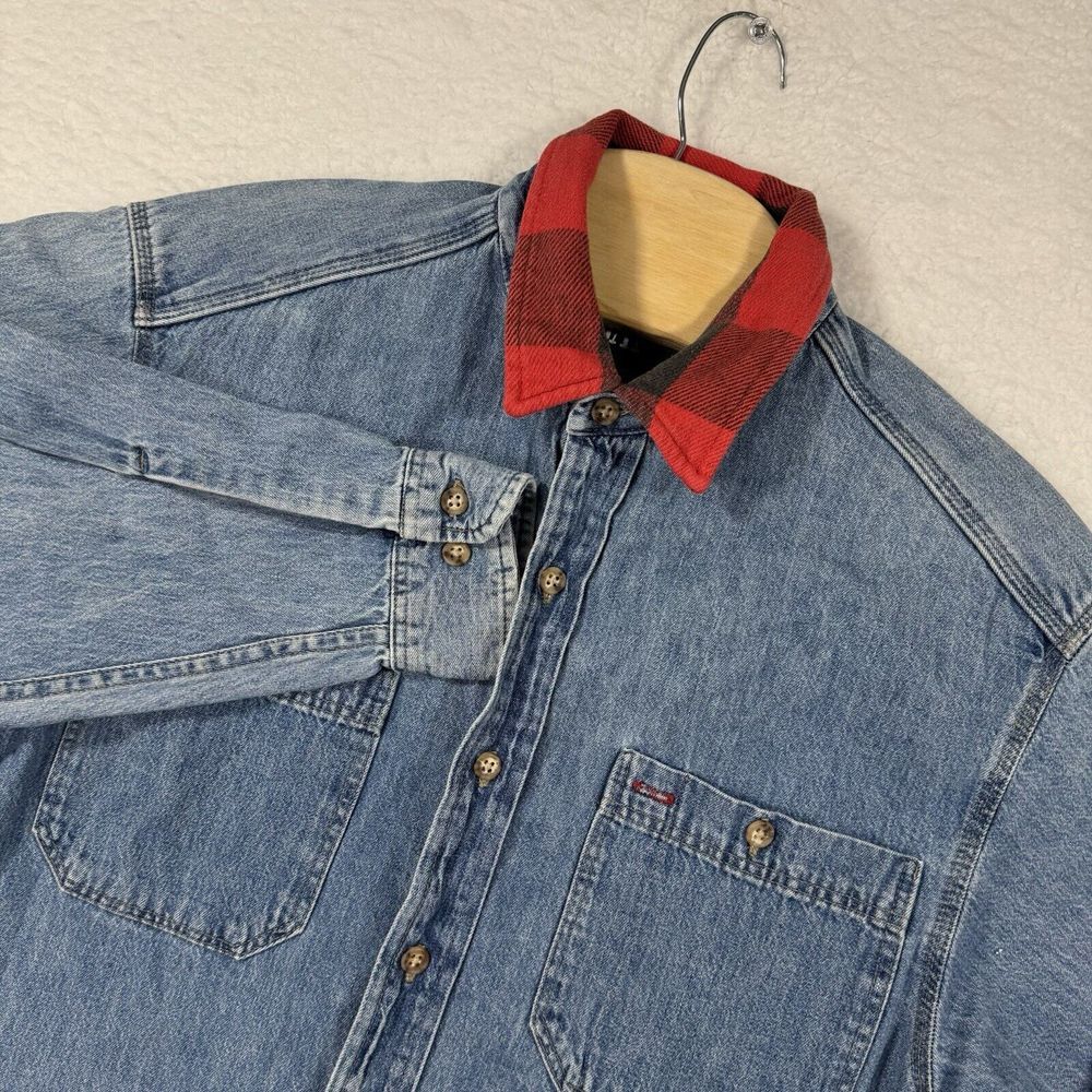 GAP Blue Denim Button-Down Shirt with Red Plaid Collar